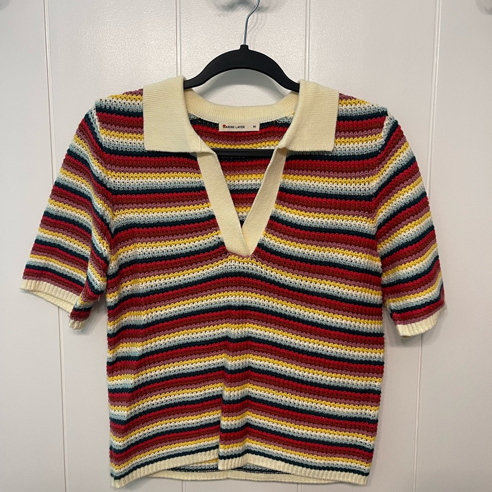 Marine Layer Spencer Polo Sweater in Multi Stripe - Medium / Multi Stripe